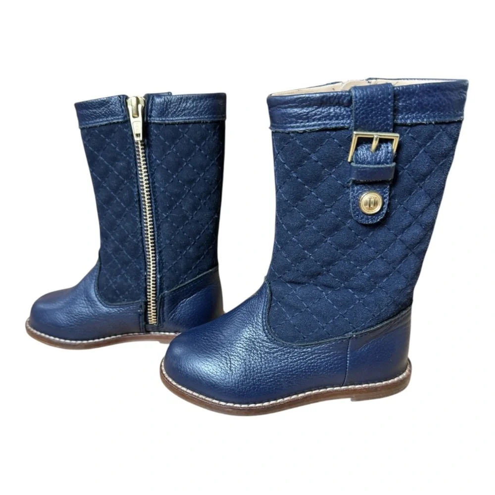 Janie and Jack Toddler Girls Riding Boots 7 Navy‎ Blue Leather Quilted Shaft